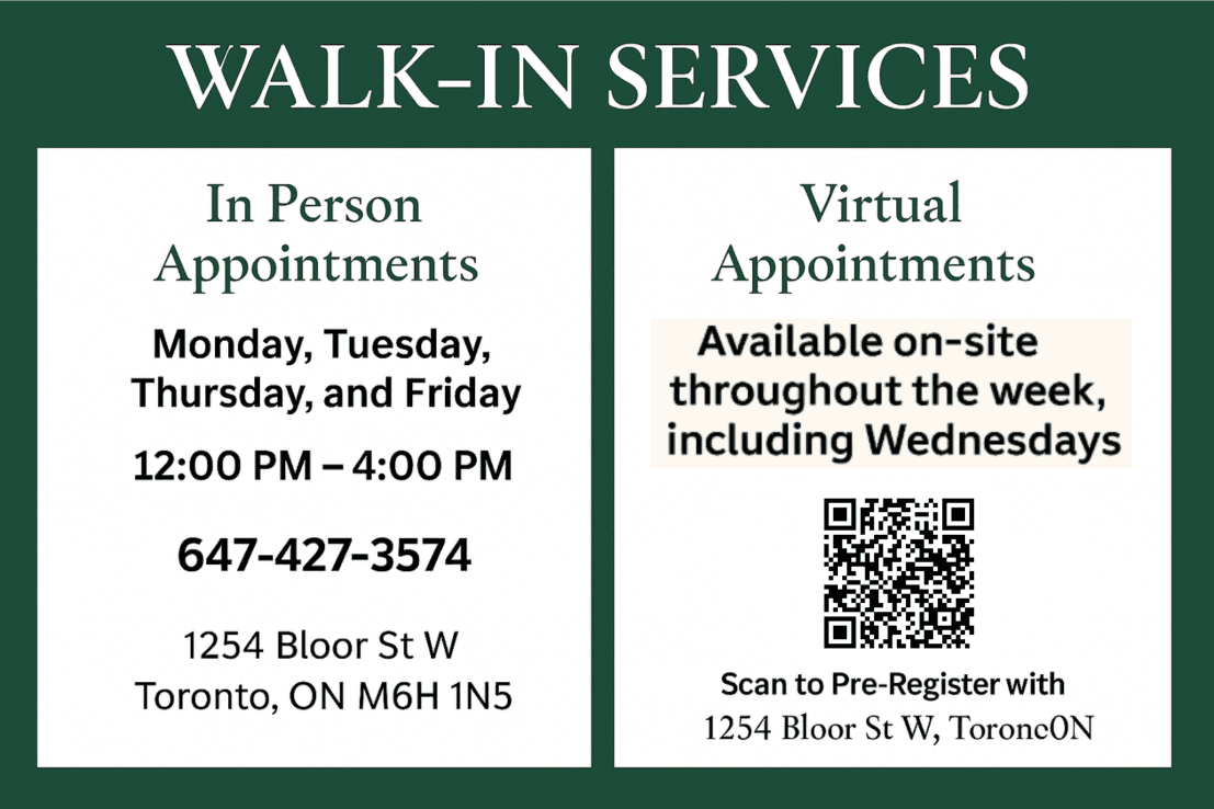 Walk-in services poster with in-person and virtual appointment details and a pre-registration QR code.
