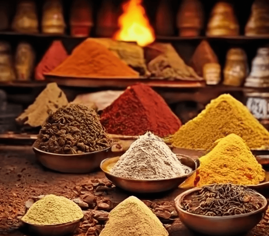 Various colorful spice mounds in bowls on a wooden table with a warm, glowing background.